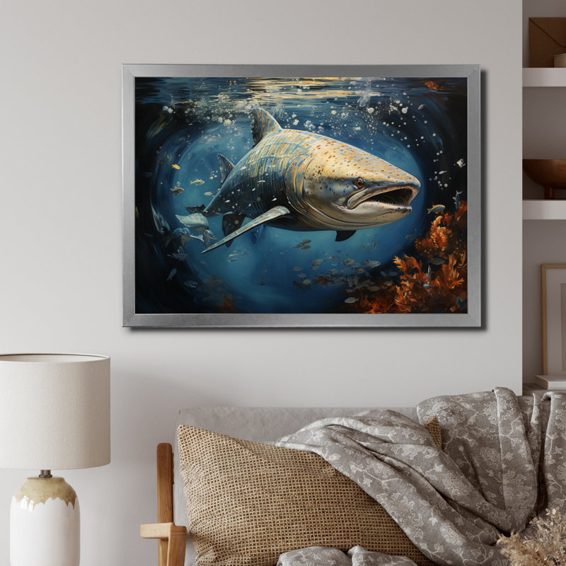 " Gray Blue Shark Elegance II ", Silver Picture Framed, 16" H x 32" W x 1" D