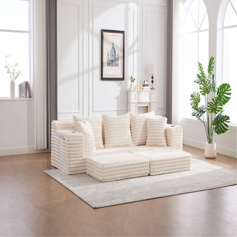 Très grand canapé sans siège à quatre places avec porte-gobelet et poches latérales, canapé-lit rembourré en velours côtelé avec 3 coussins, 2 coussins lombaires, salon, chambre à coucher, sans assemblage, matériau respirant