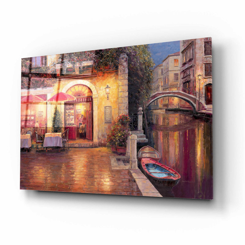 «Night Caf After Rain» par Haixia Liu - peinture sans cadre, H 12 po x l 16 po x P 0,13 po