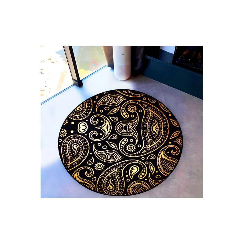 Yellow Black Ethnic Abstract Patterns Woven Base Decorative Carpet, Round 2'8"