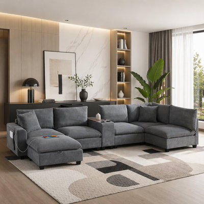 139" U-Shaped Modular Sectional Sofa with Storage Console, USB Charging, Cup Holders, Movable Storage Ottoman & Wide Corduroy Seats, 6-Seater