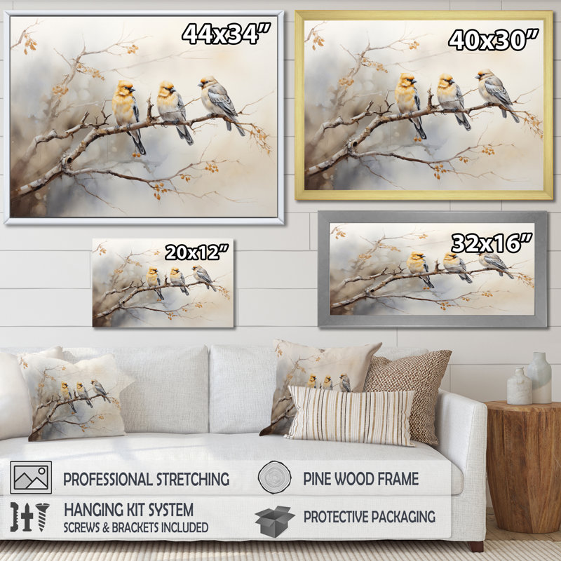 «Bird Silent Watcher VI» - art mural oiseau, H 16 po x l 32 po x P 1 po, Cadre flottant blanc