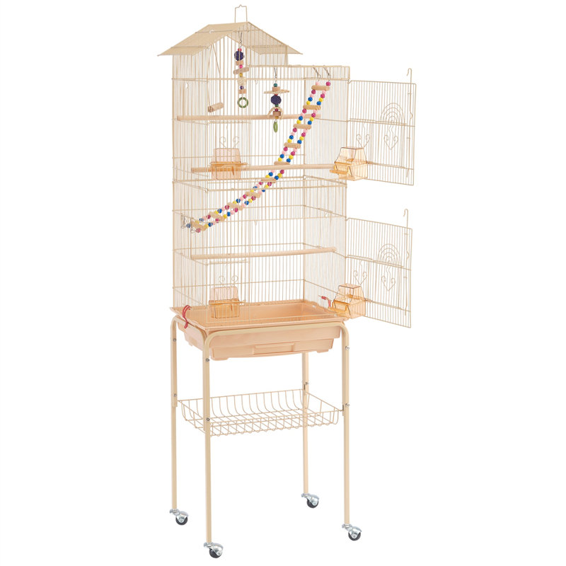 159cm Iron Pointed Top Floor Bird Cage with Wheels, Almond