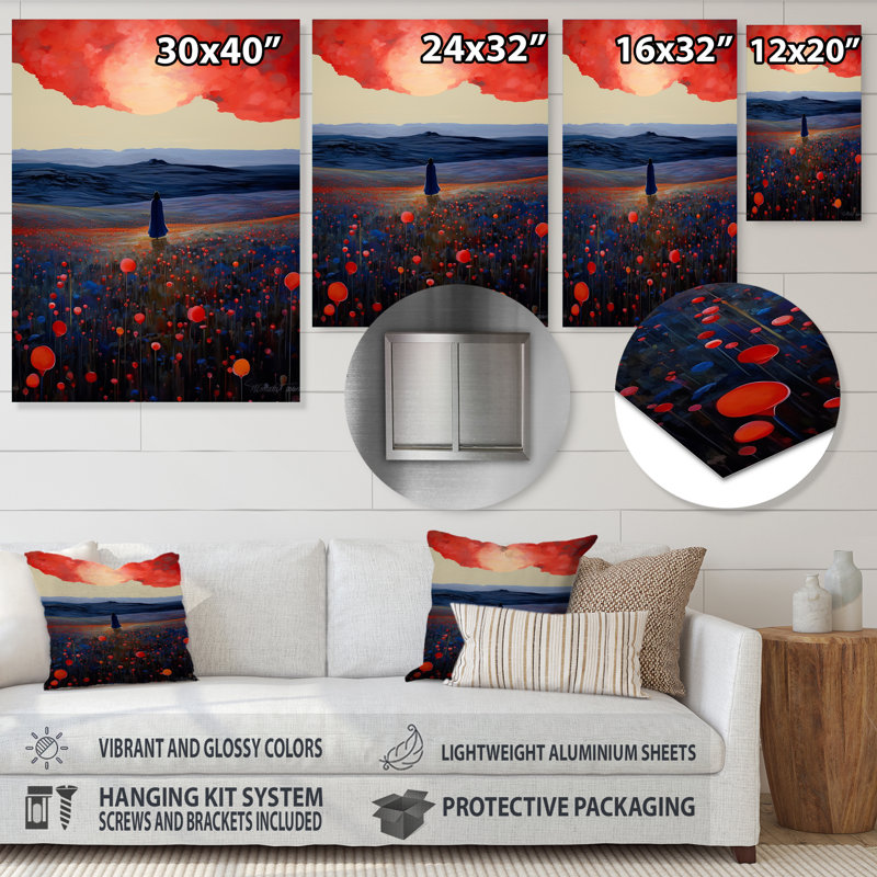 «Red Sky Blue Mountains Red Poppies - Meadow», reproduction d'art murale, Métal métal, H 20 po x l 12 po x P 1 po