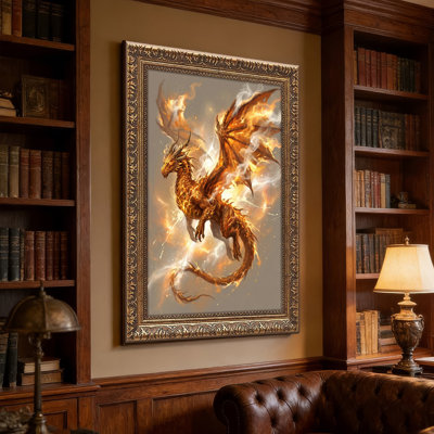 Walnut Gold Framed，Canvas Wall Art for Living Room, Bedroom, Office or Entryway – Decorative Wall Decor with Fire Dragon