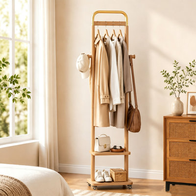 Porte-manteau à 2 étagères de rangement, cintre en bois autoportant à roulettes, gain de place, rangement moderne pour entrée