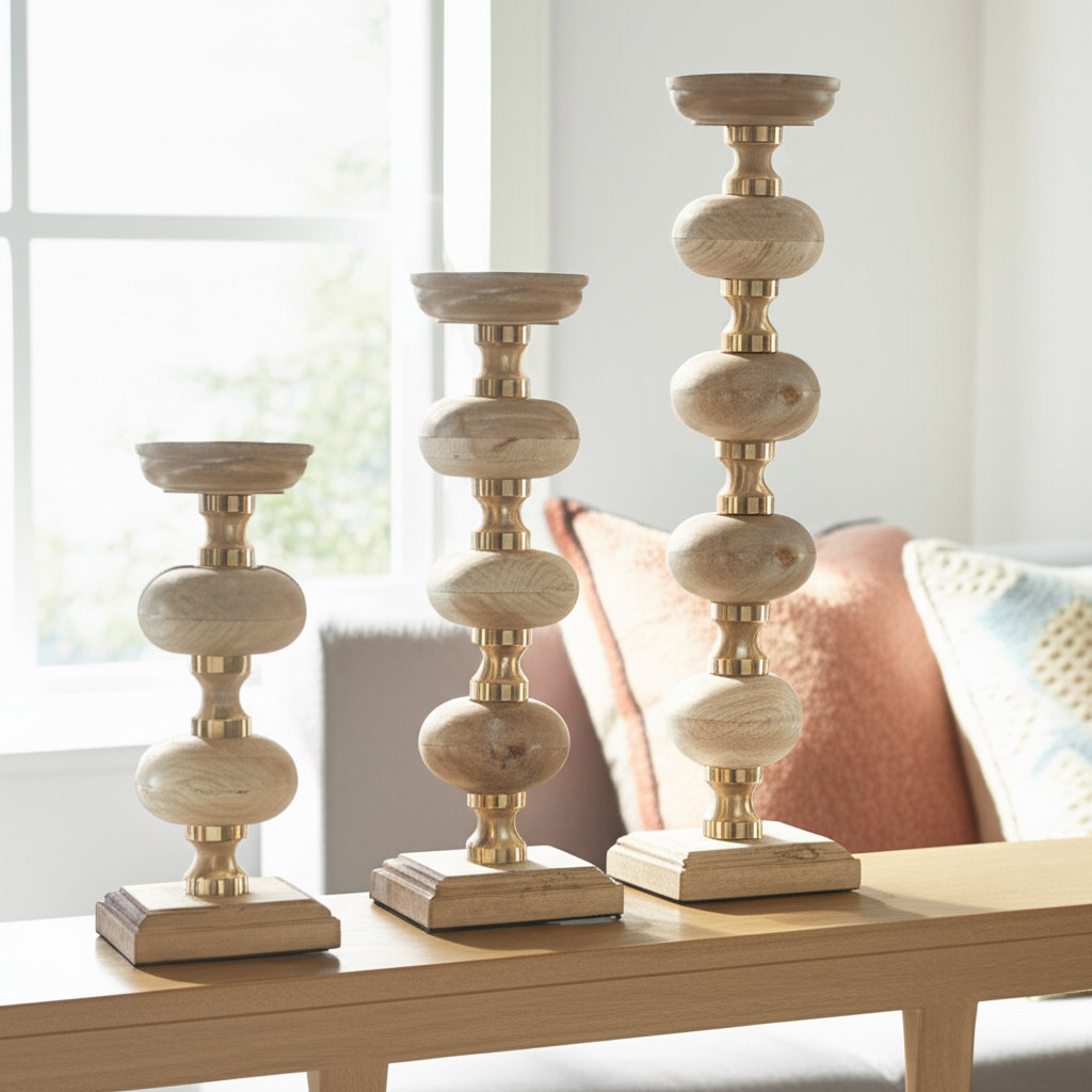 Foxx Modern Candle Holder Set with Sculptural Stacked Wood Base - Decorative Tabletop Candle Holders for Dining Table, Entryway, or Shelf Decor - Transitional Home Accent Trio - Set of 3, 14", 19", 23" Everly Quinn