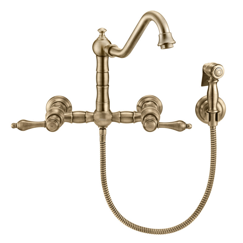 Whitehaus Wall Mount Faucet with Long Traditional Swivel Spout and Solid Brass Side Spray, Antique Brass, Cross