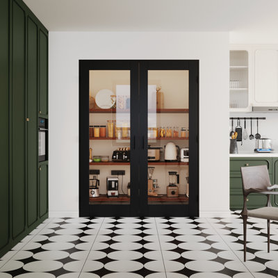 Interior 1-Lite Black & Clear Glass Door, CARB P2 MDF & SGCC Tempered Glass French Doors, Includes Frame & Matte Black Hardware-Ball Catches & Hinges & Handles, Pre‑Finished & Waterproof, Pantry, Bedroom, Bathroom & Closet, Easy DIY Stain, 56"x 80"