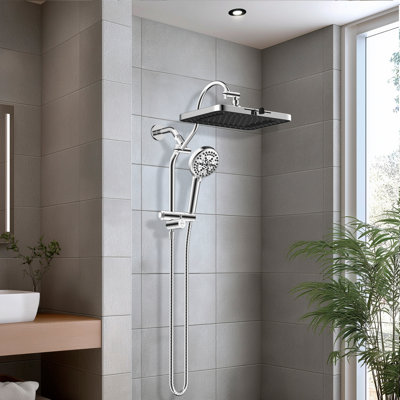 cUPC Certififed High Pressure Dual Shower Head with 13-inch Rain Shower Head, 10-setting Handheld Shower, Easy Reach 4-way diverter valve with 12-inch Curved adjustable curved extension arm, 71-inch Stainless Steel Shower Hose