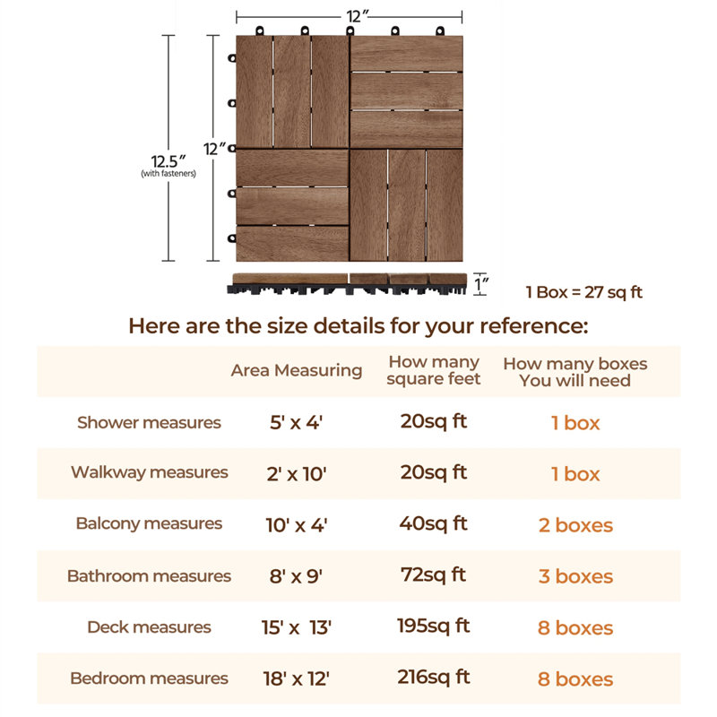 Natural Acacia Wood Interlocking Deck Tiles 12″x12″, Brown