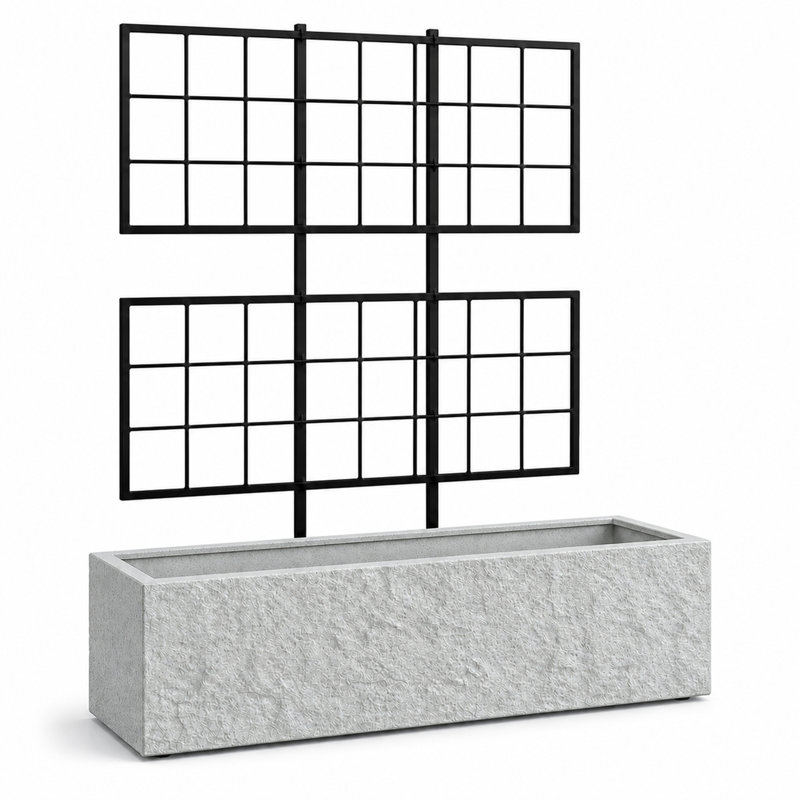 Pot à fleurs rectangulaire en pierre avec treillis en acier, gris, Gris