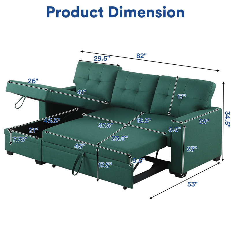 82-inch Sleeper Sofa, Upholstered Pull Out Sectional Sofa with Storage Chaise, L-Shaped Corner Reversible Sleeper Sectional Sofa