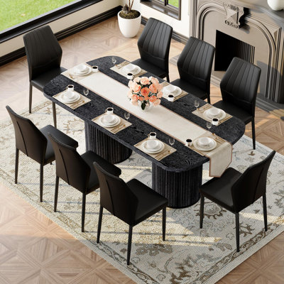 79" Black Dining Table Set For 8,Large Dining Room Table Set For 8 With Fluted Double Pedestal Base & Cushioned Chairs