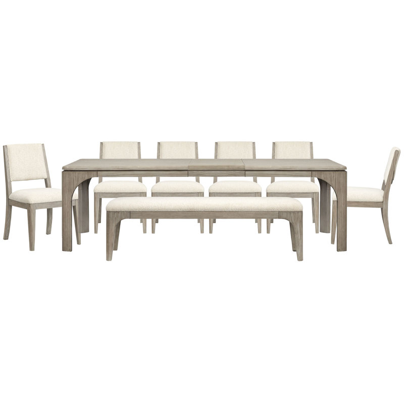 Table de salle à manger extensible rectangulaire avec 6 chaises et banc, 8 pièces: table, 6 chaises, banc