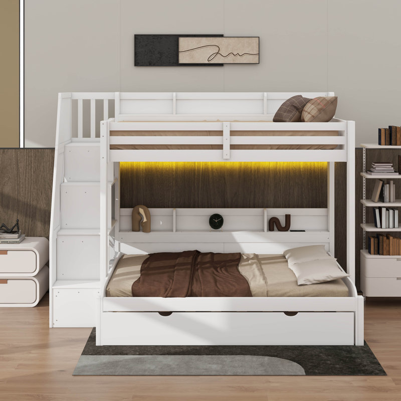 Twin Over Full Bunk Bed With Trundle & Storage Staircase, Full-Length Safety Rails, Storage Units & USB Ports, White