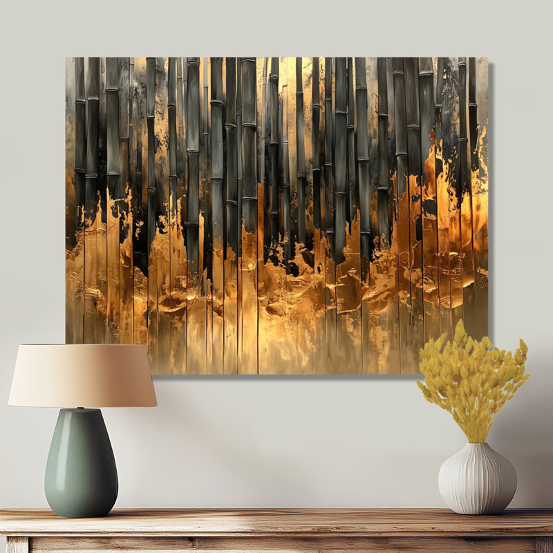 «Golden Arashiyama Bamboo River I», impression murale sur métal en bambou, H 12 po x l 20 po