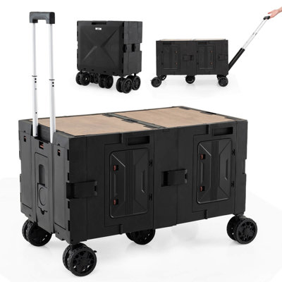 Grand chariot utilitaire pliable avec caisses de rangement à 2 niveaux et 5 roues pivotantes en métal noir
