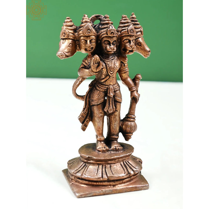 Statue de 4 po Panchamukha Hanuman en cuivre - dieu indou à cinq faces fabriqué à la main pour une protection complète et un décor spirituel