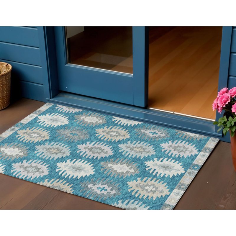 Tapis bleu sarcelle d'intérieur et d'extérieur lavable 3 pi x 5 pi bleu sarcelle