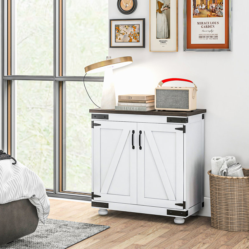 Buffet moderne avec tablette ajustable et porte de style grange, brun et blanc vieilli, l 31,1 po x P 15,4 po