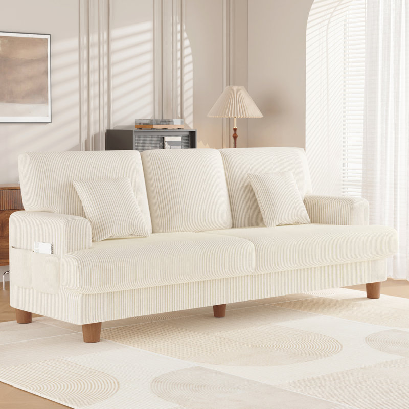 87-inch Corduroy Sofa with 3 Seats, No Tool Assembly,Solid Wood Frame and Solid Wood Legs-Beige, Beige