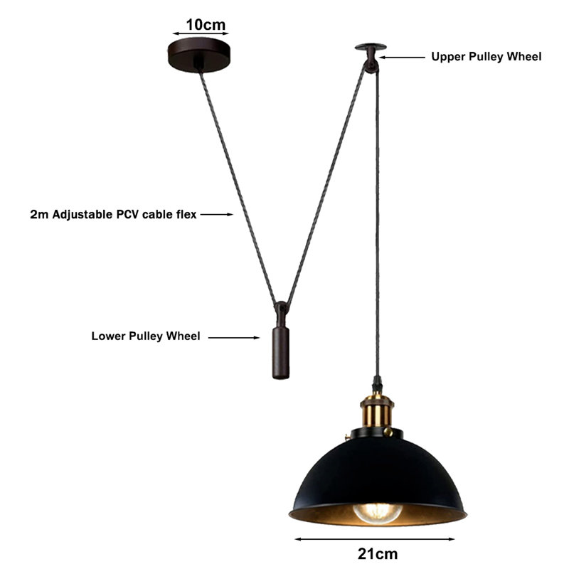Borough Wharf Industrial Pulley Pendant Light – Adjustable E27 Ceiling Hanging Lamp with Retro Metal Dome Shade for Kitchen & Living Spaces