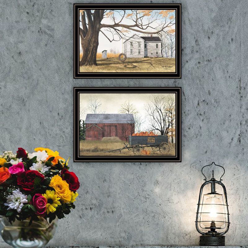 2 pièces d'art mural: ornement de salon et de chambre à coucher noir avec impression extraordinaire de chariot de citrouille de grange par Art For Interior: Decor