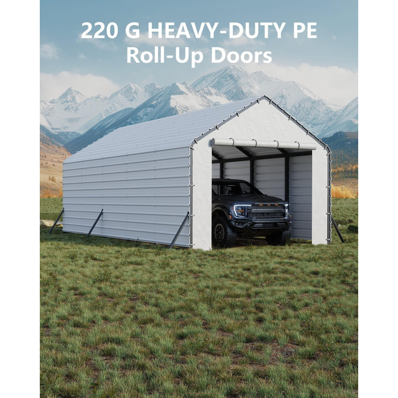 Heavy-Duty PE Enclosure Kit (2-Pack) for Metal Carport - 220gsm Roll-Up Zipper Door Panels for 13x26, 13x21, 13x16 ft, with Ball Bungees, White