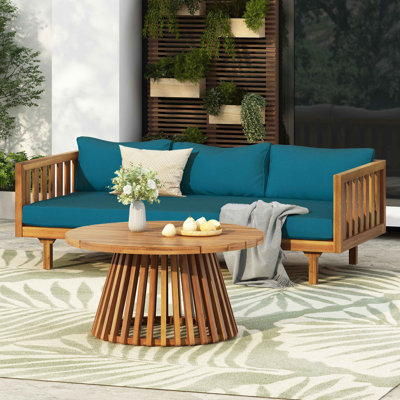 Acacia Wood Patio Furniture Set,Outdoor 3 Seater Daybed(With Water Resistant Thick Cushions)And Round Coffee Table, Dark Teal Cushion