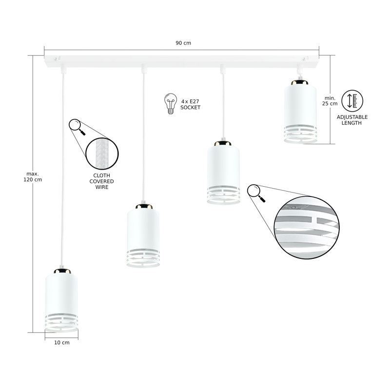 - Light Pendant, 4 Lights, White/Gold