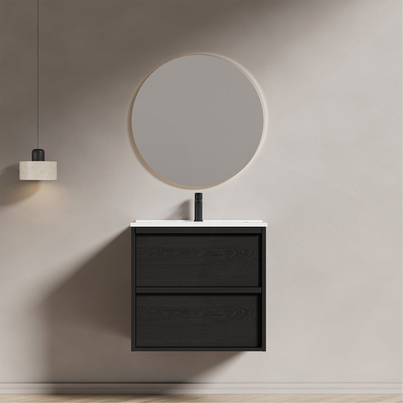 Meuble-lavabo de salle de bain 24 po avec lavabo en céramique - meuble-lavabo mural noir, 23.23"