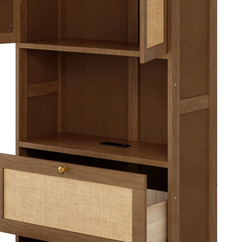 Armoire à lit escamotable en bois massif et rotin avec 2 tablettes latérales, Grand lit, Brun