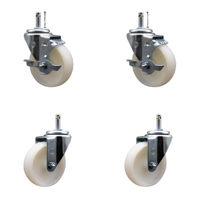 4 Inch Nylon Wheel Swivel 7/16 Inch Grip Ring Stem Caster Set 2 Brakes SCC