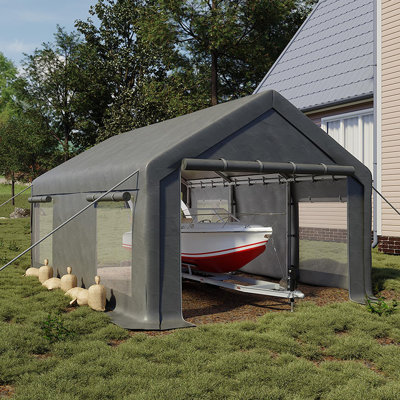 10x20 ft Carport with 200 g PE Tarp, Roll-Up Doors and 4 Mesh Windows, Heavy Duty Car Port for SUVs, Sedans, Boats, ATVs & Storage