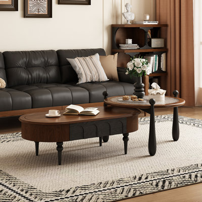 Ensemble de 2 tables basses gigognes, tables basses ovales et rondes de style moderne Mid-Century avec plateau en verre ondulé et structure en bois massif, ensemble de tables d'appoint à pieds noirs pour le salon
