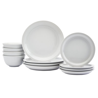 Tabletops Gallery Farmhouse 12 Piece White Stoneware Round Dinnerware Set- Service for 4