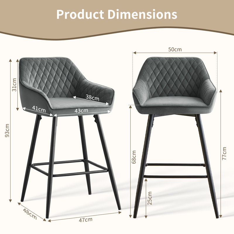 Saarrah 68cm Upholstered Bar Stool with Arms, Grey Velvet, 2