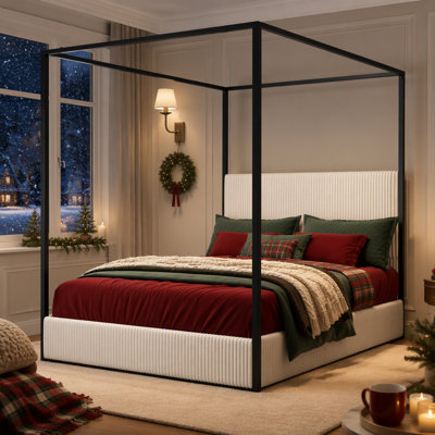 Metal Canopy Bed with Upholstered Headboard and Four Poster