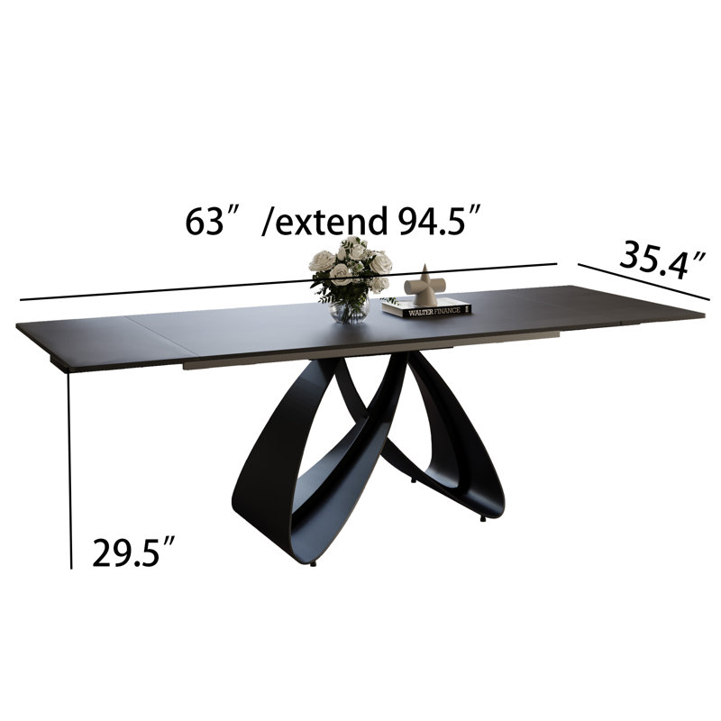 63-94.5" Modern Extend Dining Table for 4-10, Black Sintered Stone Table top, Black Carbon Steel Legs