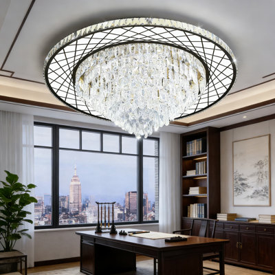 Modern Crystal Chandelier For High Ceilings, 39.3 Inch Dimmable LED Lighting Fixture For Living Room, Dining Room, Entryway, Black