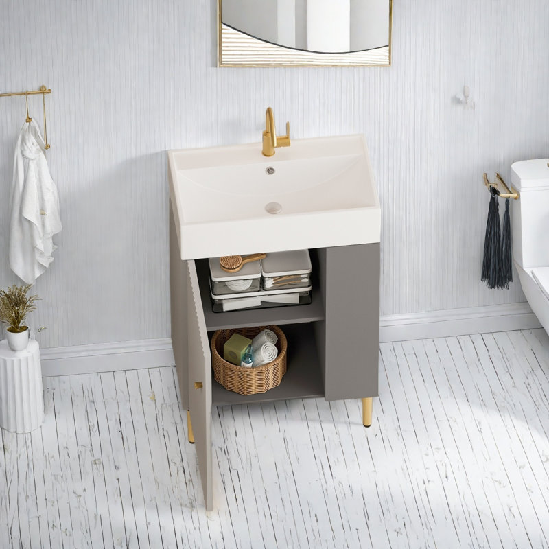 Meuble-lavabo compact 21,6 po avec lavabo et rangement en céramique, assemblage requis, Gris