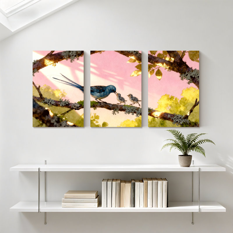 Oiseaux qui nourrissent des poussins sur une branche avec des feuilles, ensemble de 3 impressions sur toile