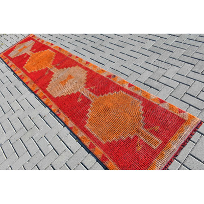 Antique Turkish Herki Runner Rug in Orange Tribal Design Perfect for Stairs and Hallways