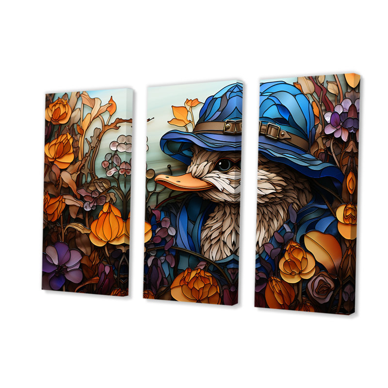 «Blue and Orange Duck Blooms Mosiac - Duck Animal», art mural, Toile tendue, H 40 po x l 60 po