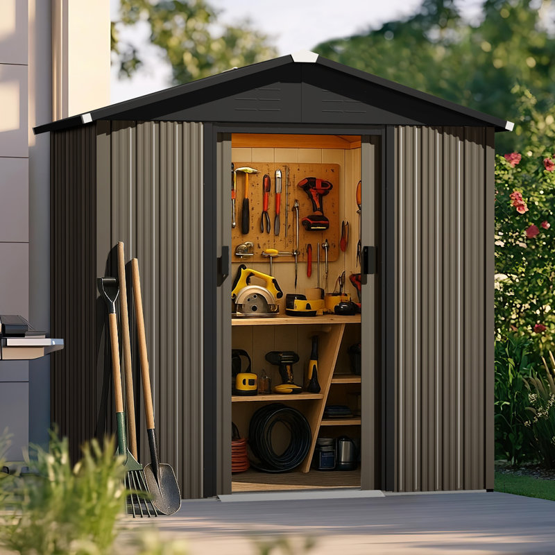 6 x 4 FT Garden Shed Storage Tool Shed with Sliding Doors, Black and Brown, 73" H x 67.8" W x 46.7" D, Brown/Black