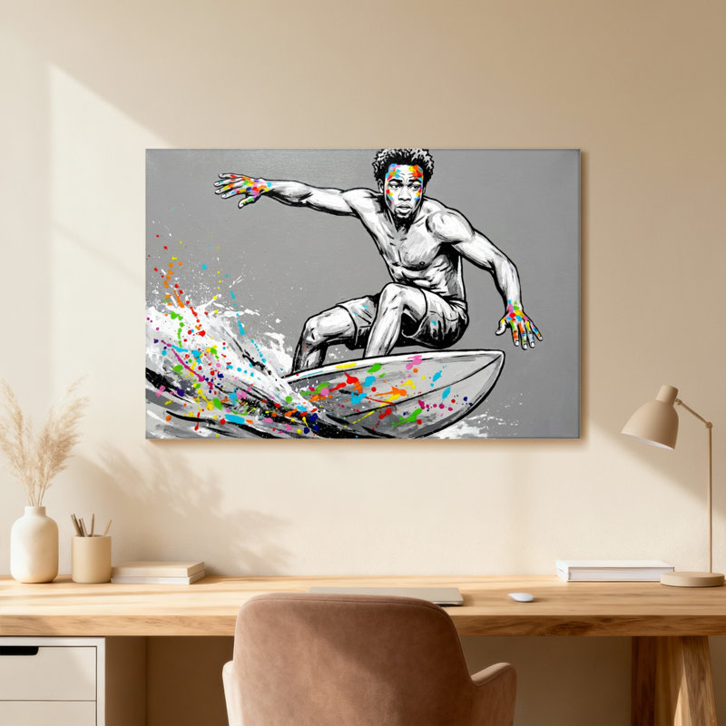 Surfeur avec éclaboussures colorées et visage peint, H 16 po x l 24 po, Grain de bois clair, Cadre photo unique