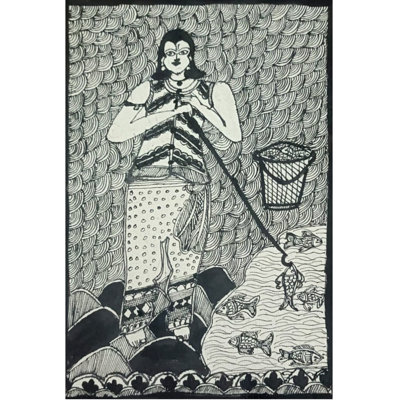 Homme pêchant au bord de l'étang | Couleur acrylique sur papier fait à la main | Par Annu Kumari