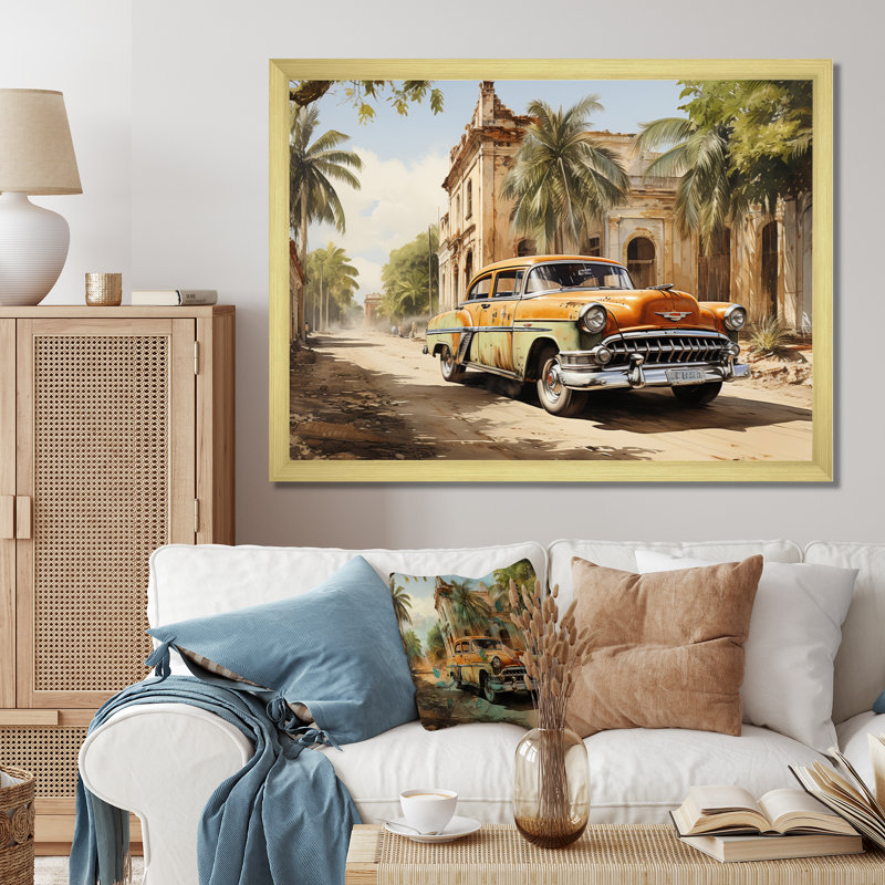 Orange Classic Cuban Car - Transportation Canvas Art Print, Cadre doré à une seule photo, H 12 po x l 20 po x P 1 po