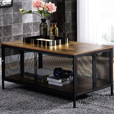 Rectangular Coffee Table With Foldable Feature, Antique Oak Top And Black Metal Mesh Base, 1 Compartment 4 Sliding Doors, 41 In Depth Industrial Style